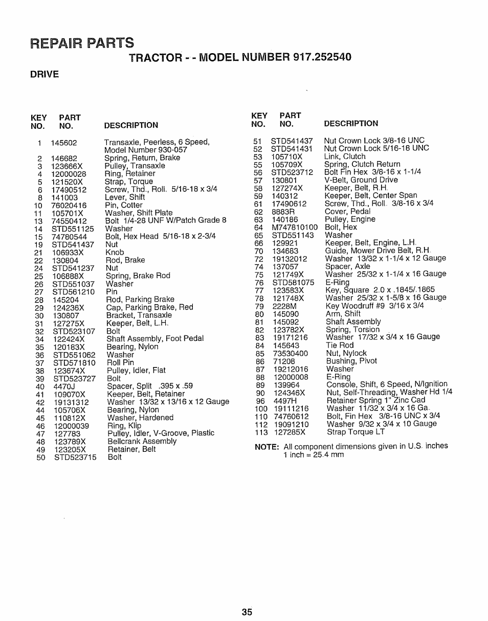 Drive, Repair parts | Sears 917.25254 User Manual | Page 35 / 56