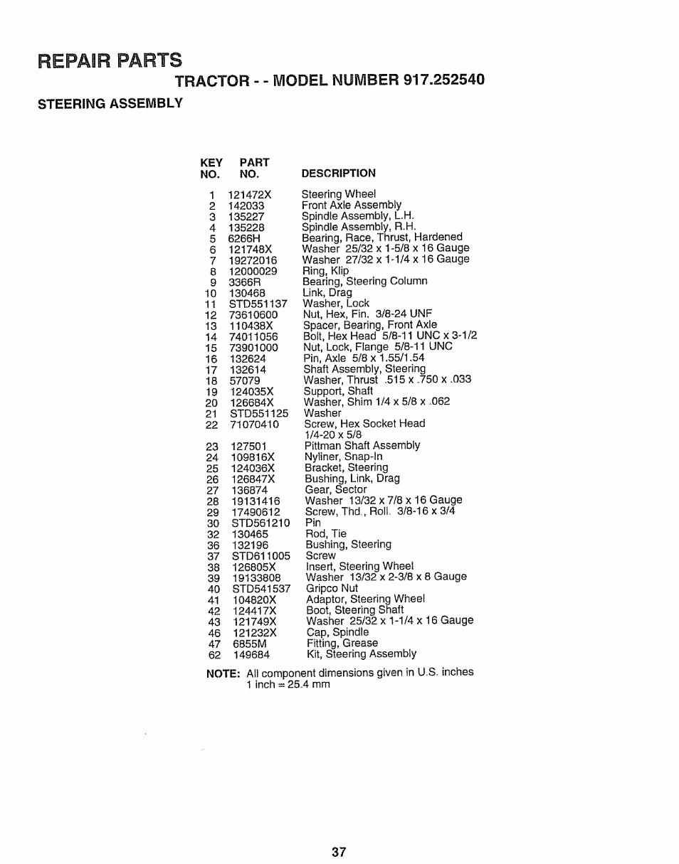 Repair parts | Sears 917.25254 User Manual | Page 37 / 56