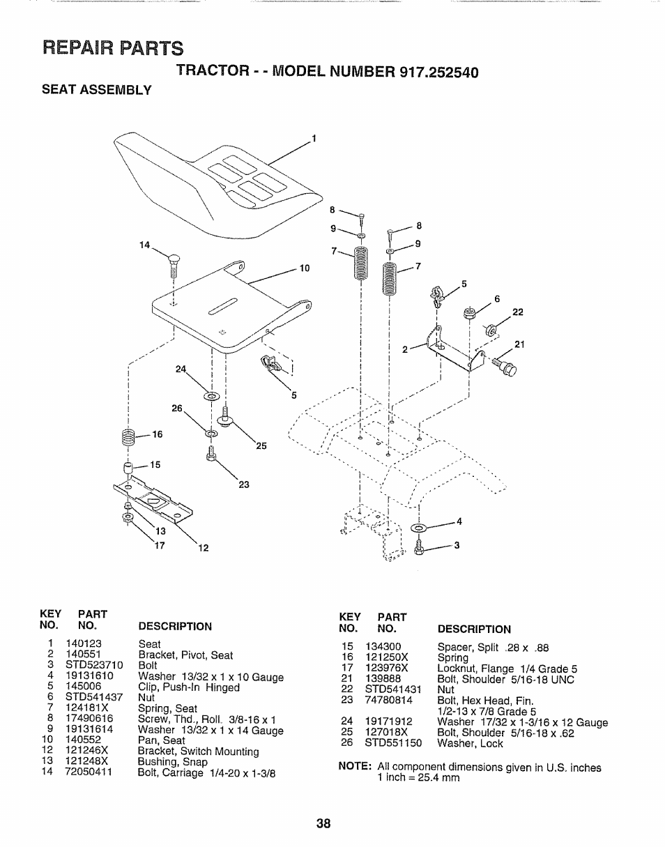 Seat assembly, Description, Repair parts | Sears 917.25254 User Manual | Page 38 / 56