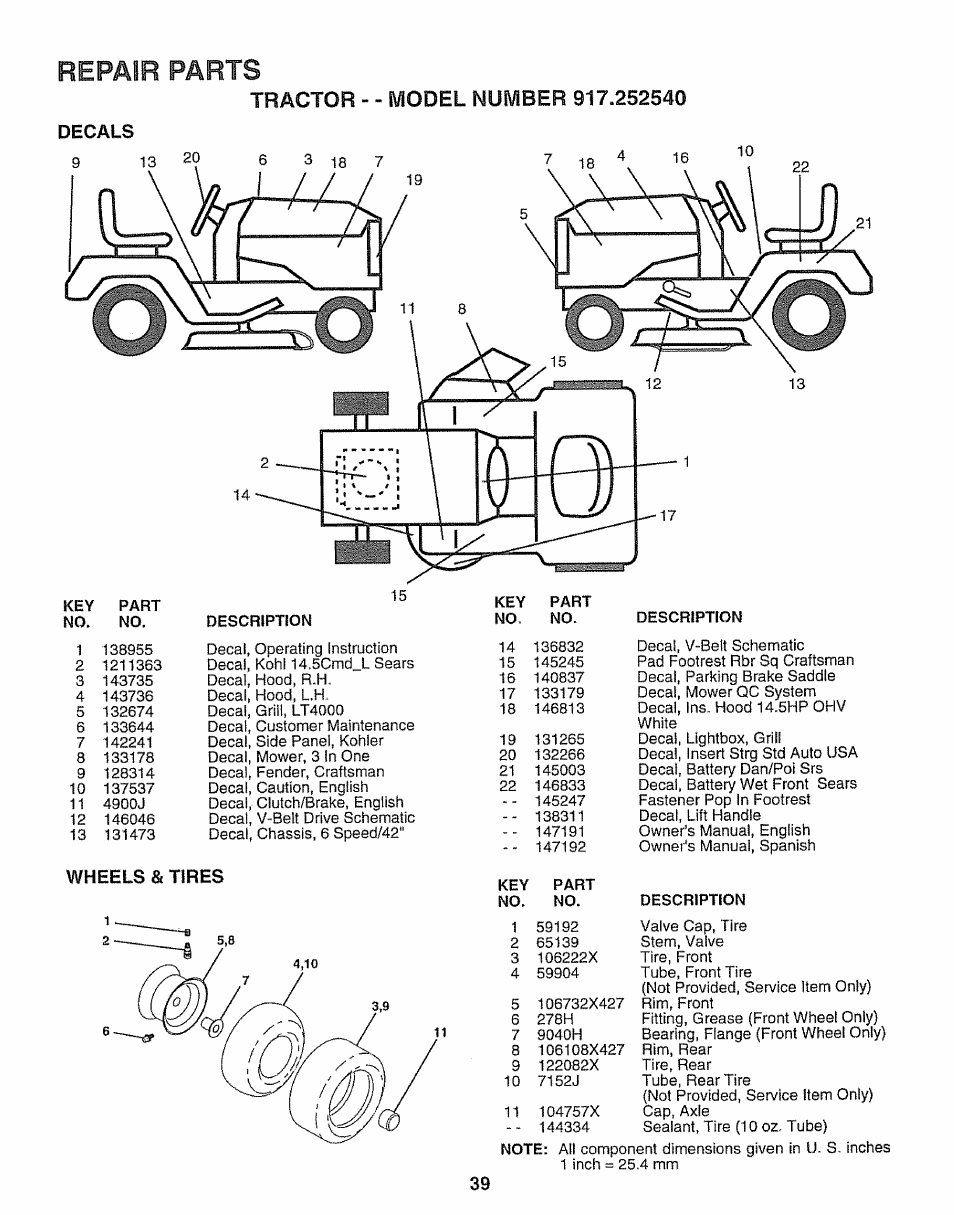 Decals, Description, Repair parts | Sears 917.25254 User Manual | Page 39 / 56