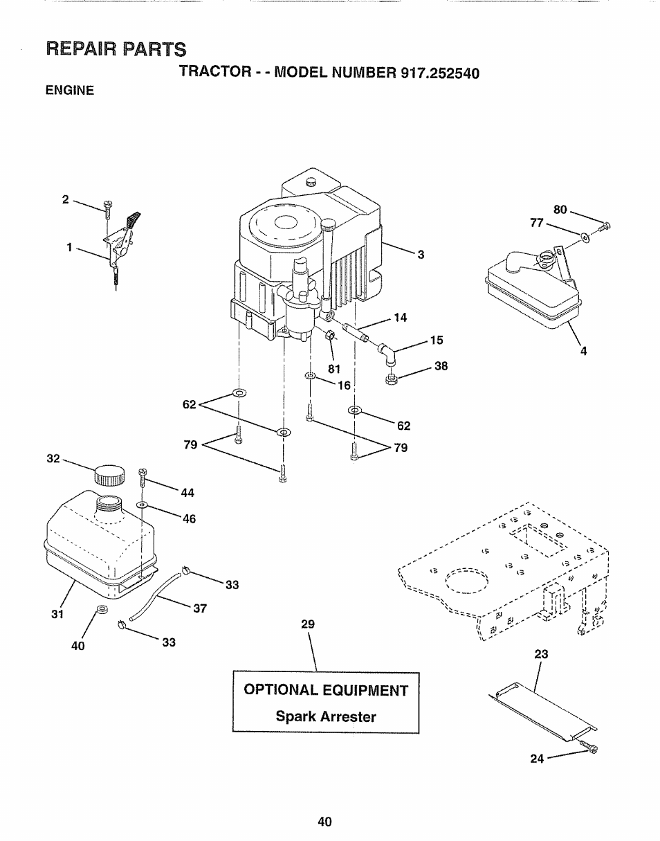 Tractor - - model number 917.252540, Engine, Optional equipment spark arrester | Repair, Parts | Sears 917.25254 User Manual | Page 40 / 56