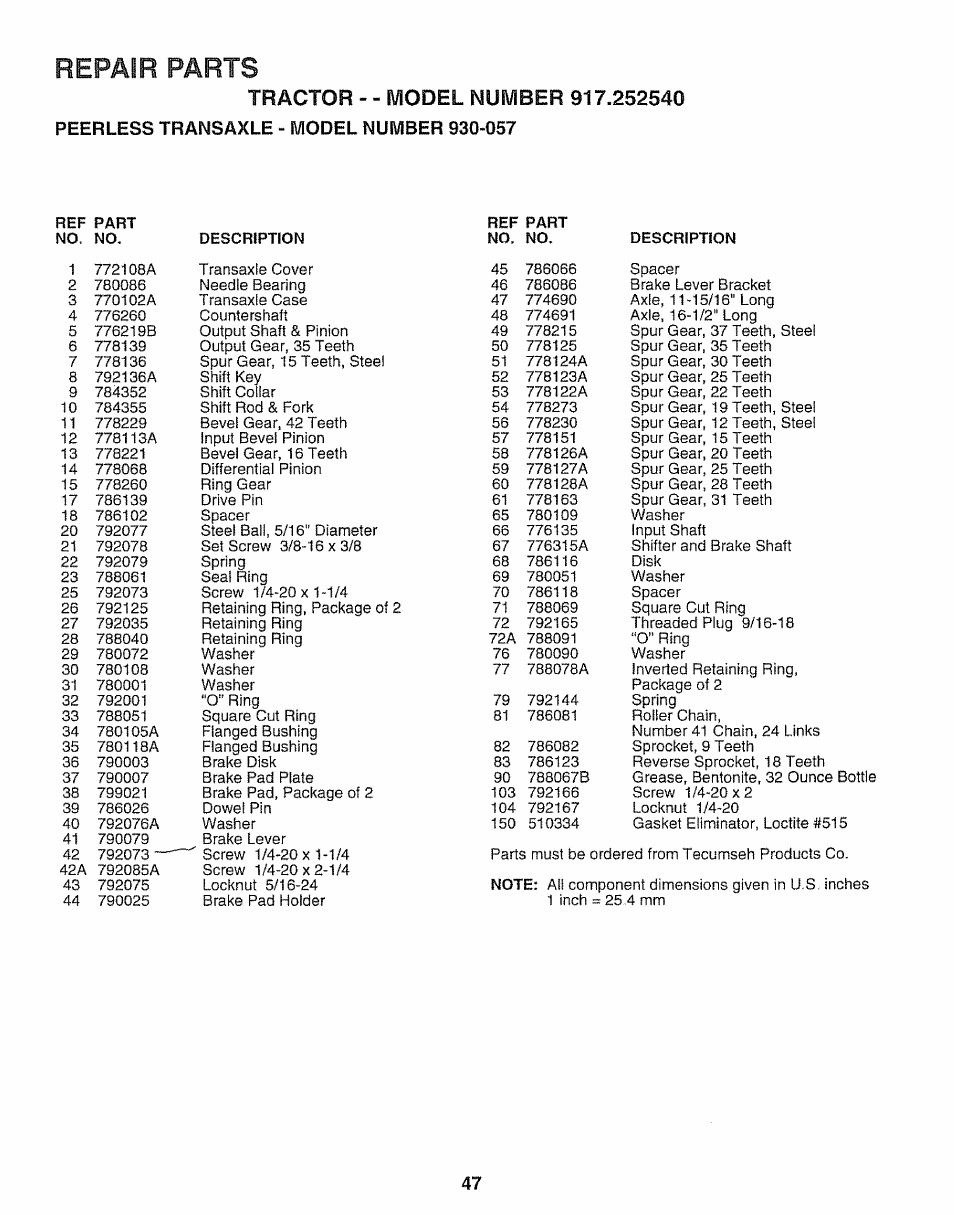 Repair parts | Sears 917.25254 User Manual | Page 47 / 56