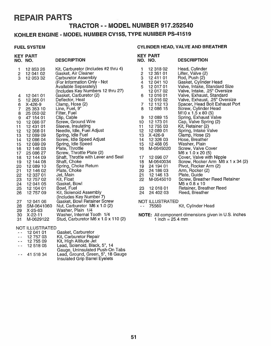 Repair parts | Sears 917.25254 User Manual | Page 51 / 56