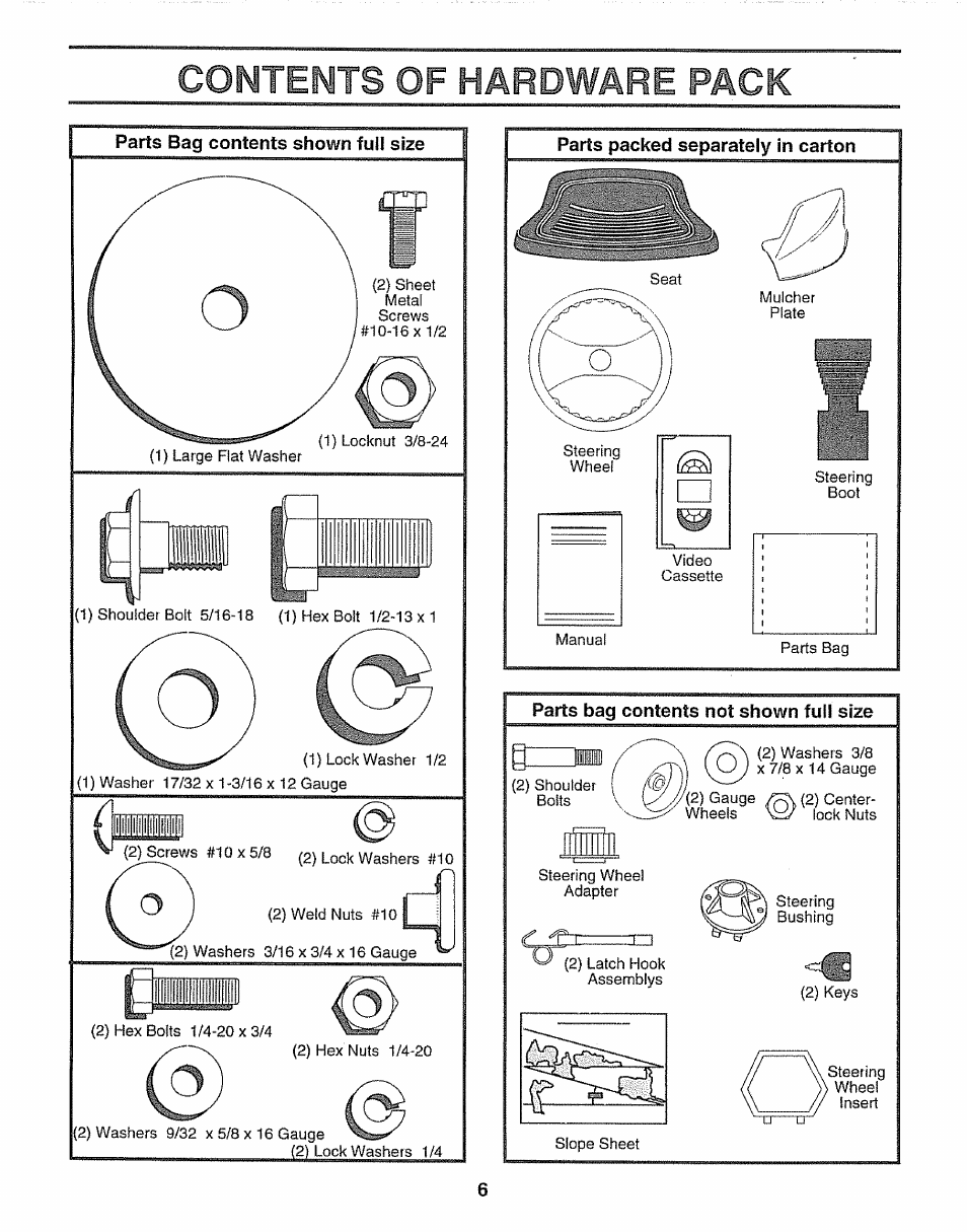 Parts packed separately in carton, Parts bag contents not shown full size, Contents of hardware pack | Sears 917.25254 User Manual | Page 6 / 56