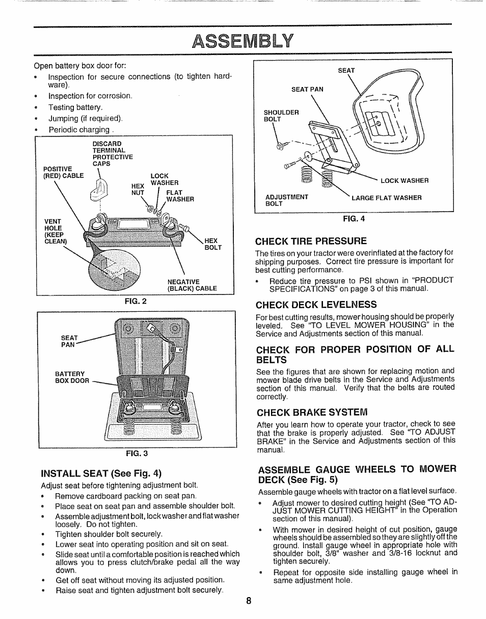 Fig.3, Install seat (see fig. 4), Check tire pressure | Check deck levelness, Check for proper position of all belts, Check brake system, Assemble gauge wheels to mower deck (see fig. 5), Assembly | Sears 917.25254 User Manual | Page 8 / 56