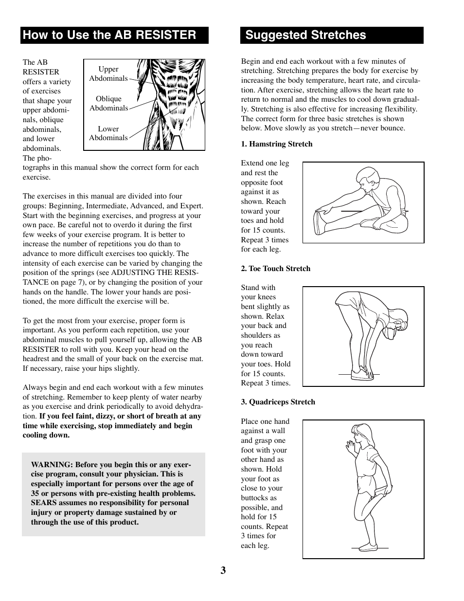 How to use the ab resister, Suggested stretches | Sears 31.280781 User Manual | Page 3 / 8