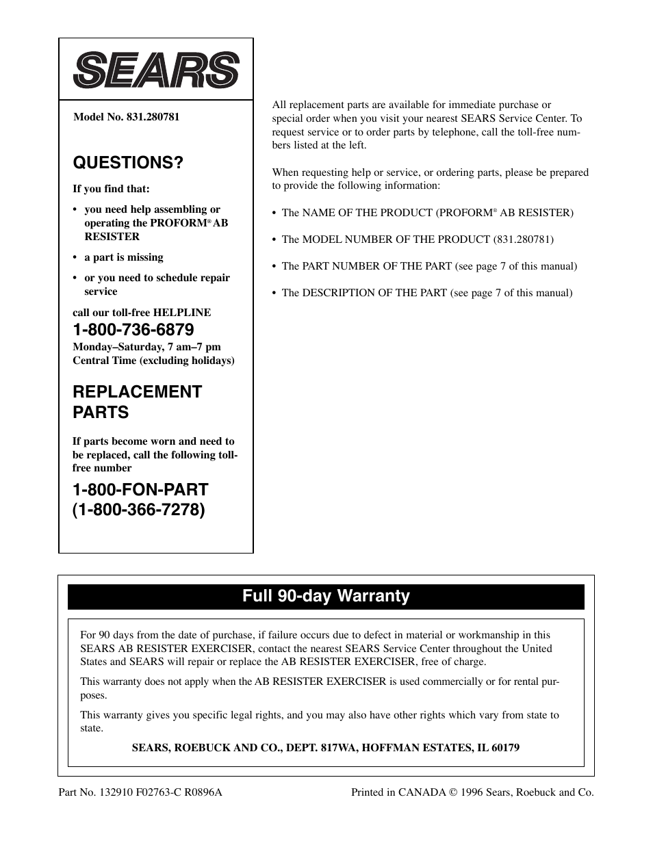 Questions, Replacement parts, Full 90-day warranty | Sears 31.280781 User Manual | Page 8 / 8