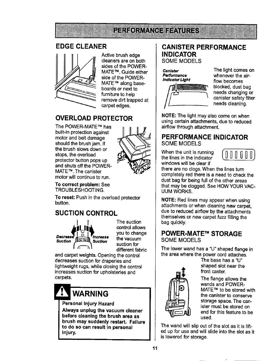 Performance features, Edge cleaner, Overload protector | Suction control, Warning, Canister performance indicator, Performance indicator, Power-mate™ storage, Performance features edge cleaner, Iooll | Sears L0711256 User Manual | Page 11 / 36