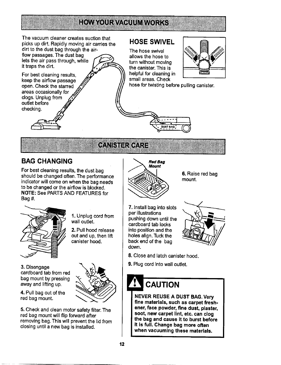 Hose swivel, Canister care, Bag changing | Caution, Canister care bag changing | Sears L0711256 User Manual | Page 12 / 36