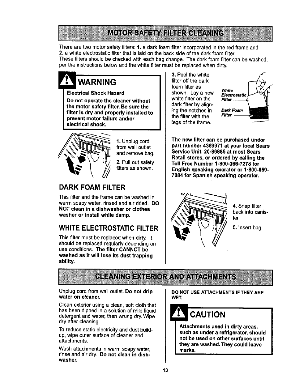 Motor safety filter cleaning, Warning, Dark foam filter | White electrostatic filter, Cleaning exterior and attachments, Caution | Sears L0711256 User Manual | Page 13 / 36