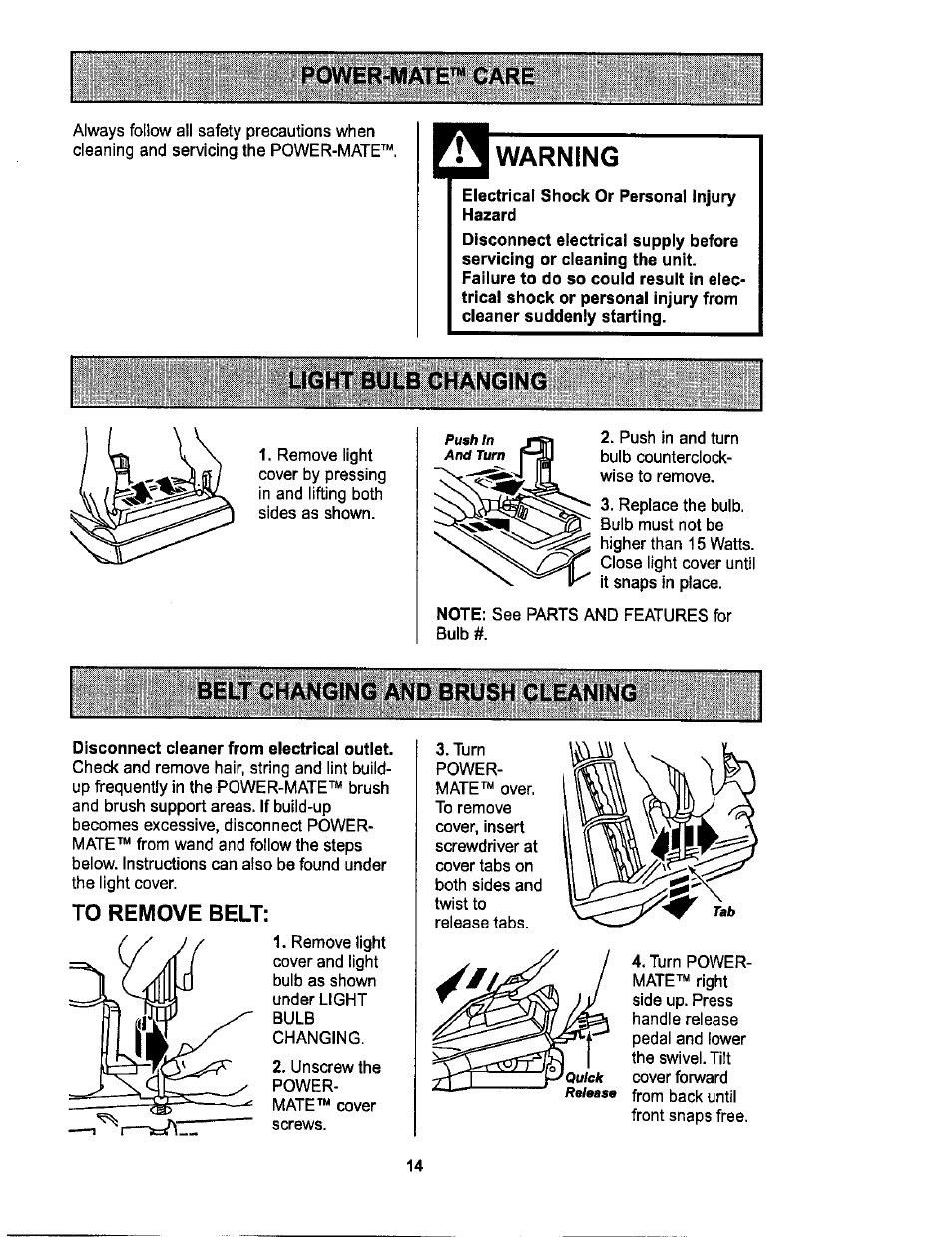 Power-mate™ care, Warning, Light bulb changing | Belt changing and brush cleaning, To remove belt | Sears L0711256 User Manual | Page 14 / 36