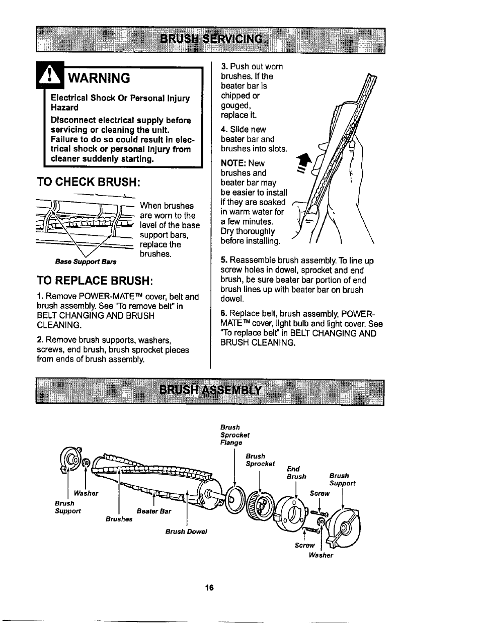 Brush servicing, Warning, To check brush | To replace brush, Brush assembly | Sears L0711256 User Manual | Page 16 / 36