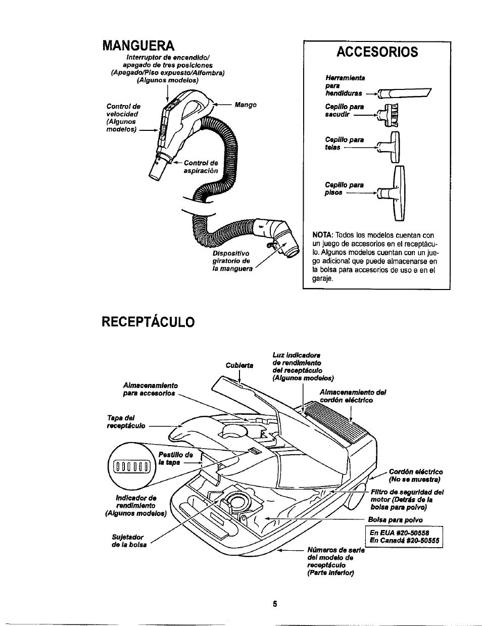 Manguera, Accesorios, Receptáculo | Sears L0711256 User Manual | Page 23 / 36