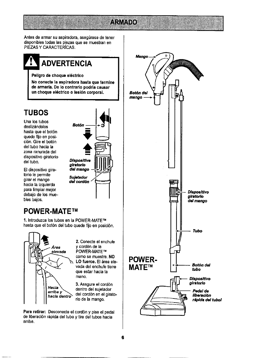 Armado, Advertencia, Tubos | Power-mate, Armado -7 | Sears L0711256 User Manual | Page 24 / 36