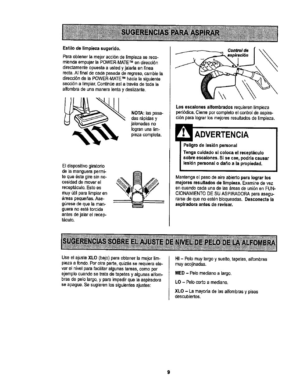 Sugerencias para aspirar, Advertencia | Sears L0711256 User Manual | Page 27 / 36