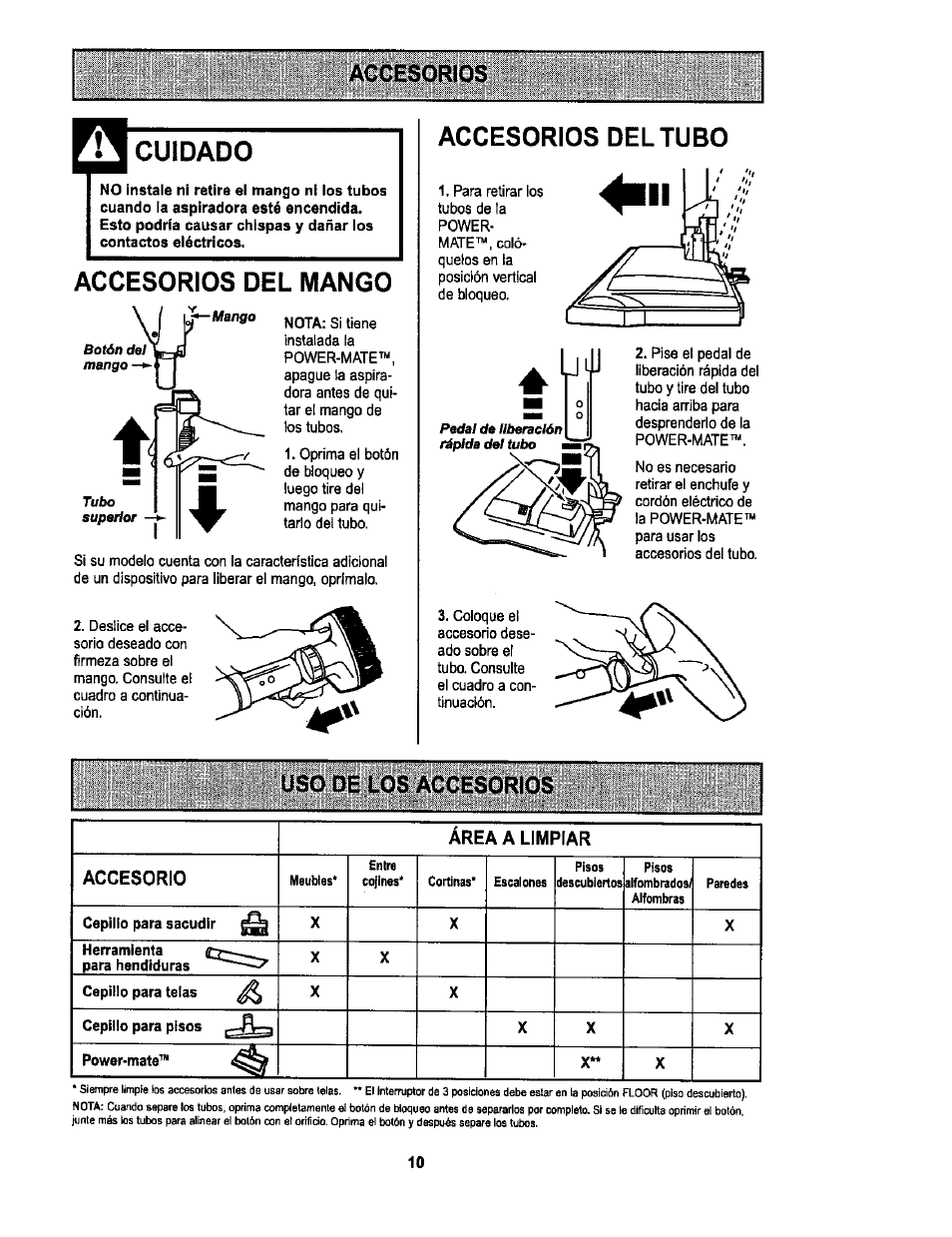 Accesorios, Cuidado, Accesorios del tubo | Uso de los accesorios, Accesorios del mango | Sears L0711256 User Manual | Page 28 / 36