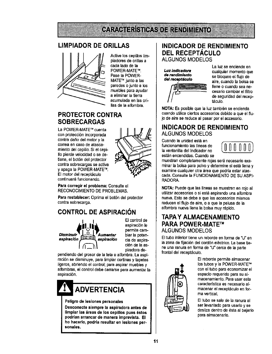 Limpiador de orillas, Protector contra sobrecargas, Control de aspiración | Advertencia, Indicador de rendimiento del receptáculo, Algunos modelos, Indicador de rendimiento, Tapa y almacenamiento para power-mate | Sears L0711256 User Manual | Page 29 / 36