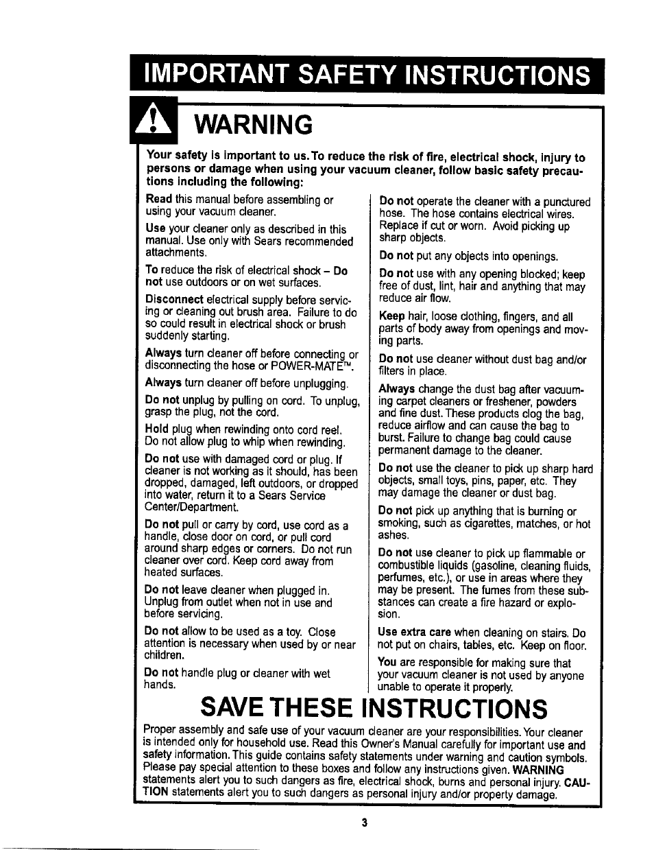 Important safety instructions, Warning, Save these instructions | Sears L0711256 User Manual | Page 3 / 36