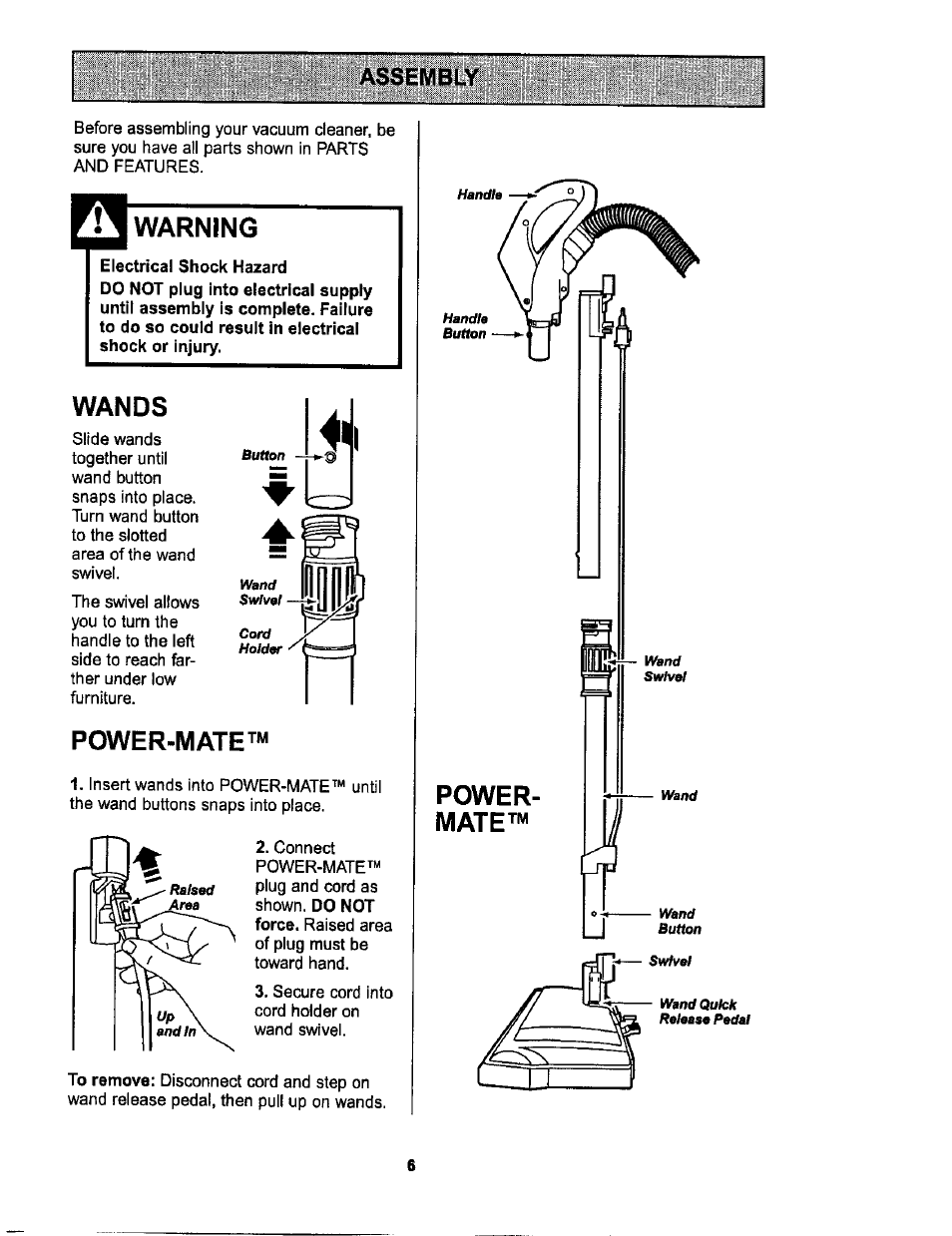 Assembly, Warning, Wands | Power-mate | Sears L0711256 User Manual | Page 6 / 36