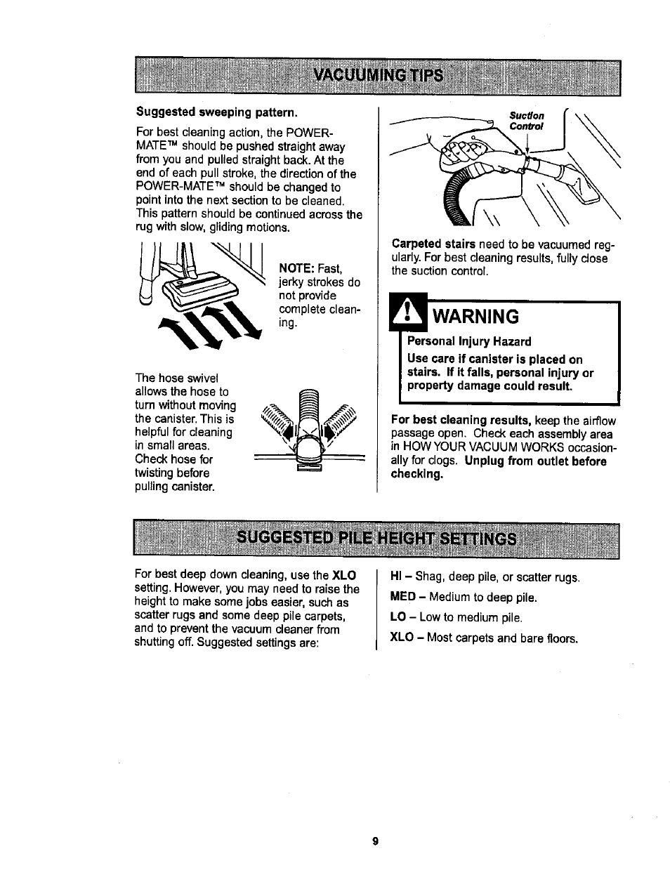 Warning, Suggested pile height settings | Sears L0711256 User Manual | Page 9 / 36