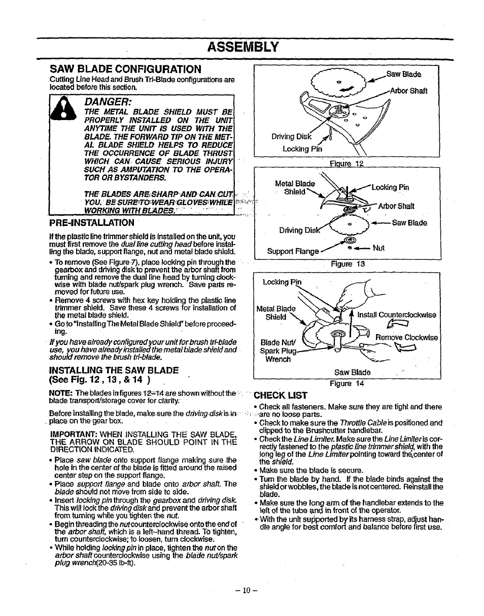 Saw blade configuration, Pre-installation, Instalung the saw blade (see fig. 12,13, & 14 ) | Checklist, Assembly, Danger | Sears 358.79828 User Manual | Page 10 / 33