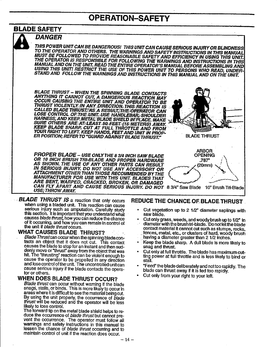 Blade safety, What causes blade thrust, When does blade thrust occur | Reduce the chance of blade thrust, Operation-safety, Proper blade | Sears 358.79828 User Manual | Page 14 / 33