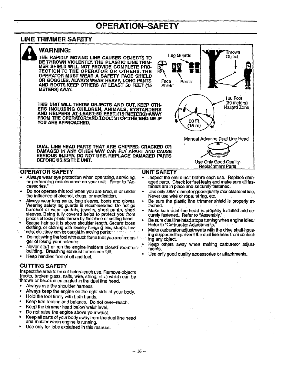 Une trimmer safety, Warning, Operator safety | Cutting safety, Unit safety, Operation-safëty | Sears 358.79828 User Manual | Page 16 / 33