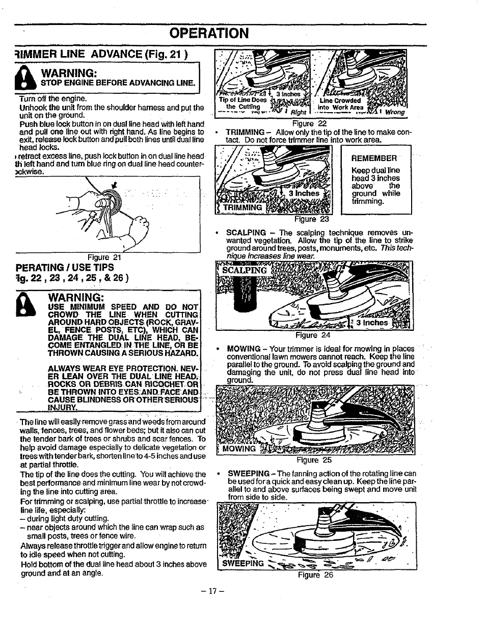 Dimmer line advance (fig. 21 ), 1g. 22,23,24,25, & 26), Warning | Operation | Sears 358.79828 User Manual | Page 17 / 33