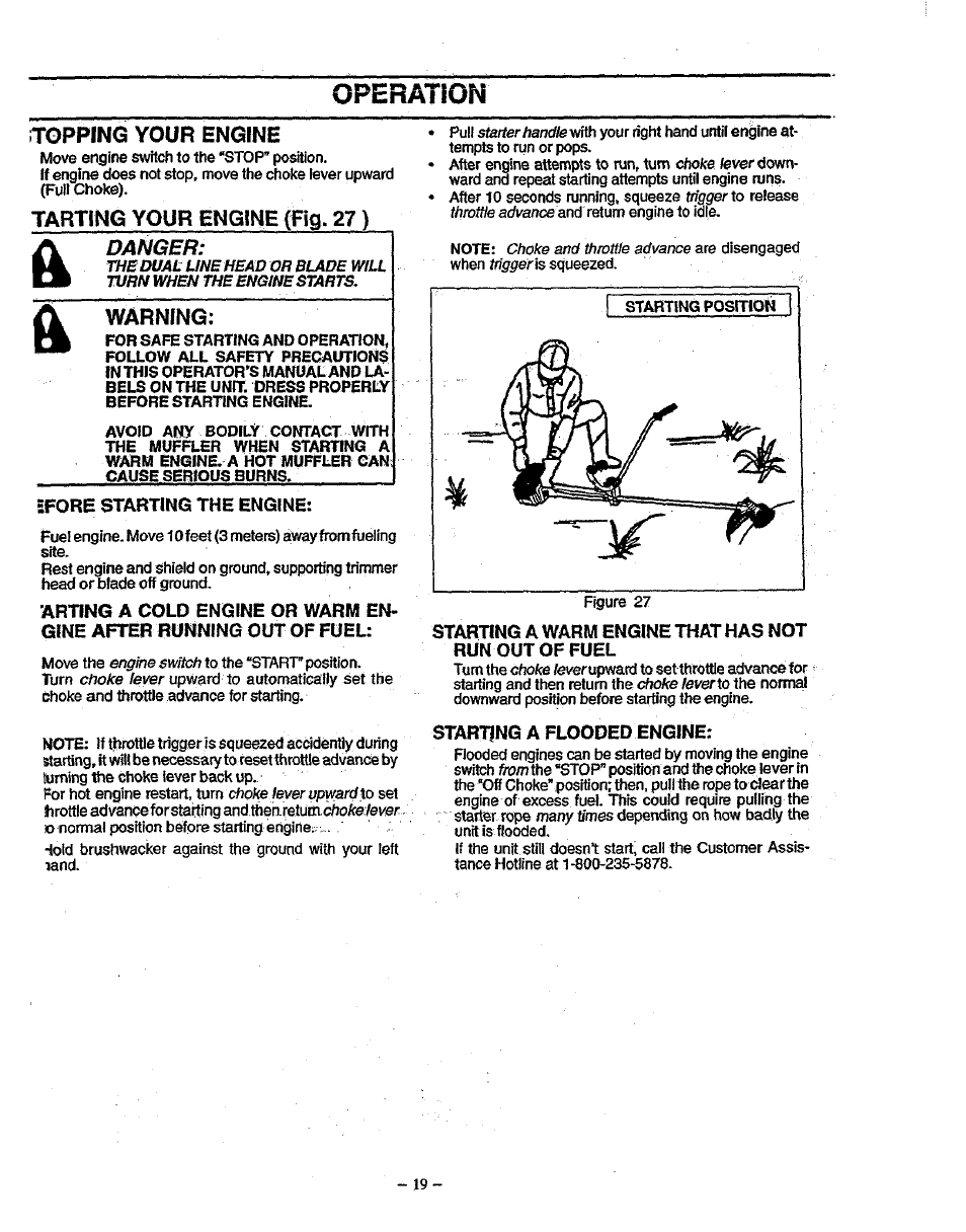 Topping your engine, Tarting your engine (fig. 27), Warning | Sfore starting the engine, Starting a flooded engine, Operotion | Sears 358.79828 User Manual | Page 19 / 33