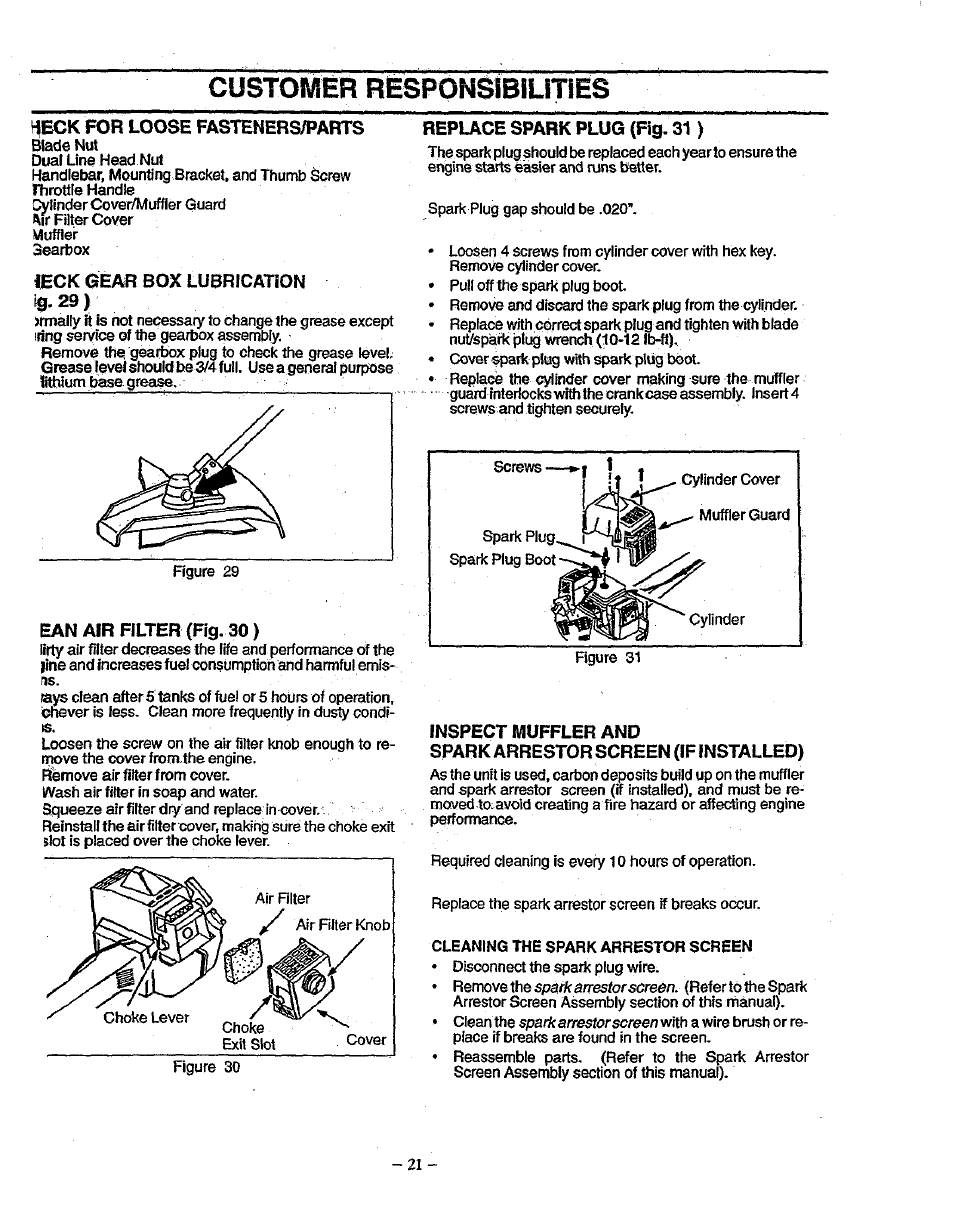 Ieck for loose fasteners/parts, Cck gear box lubrication 29 ), Ean air filter (fig. 30 ) | Replace spark plug (fig. 31 ), Inspect muffler and, Spark arrestor screen (if installed), Customer responsîbiuties | Sears 358.79828 User Manual | Page 21 / 33