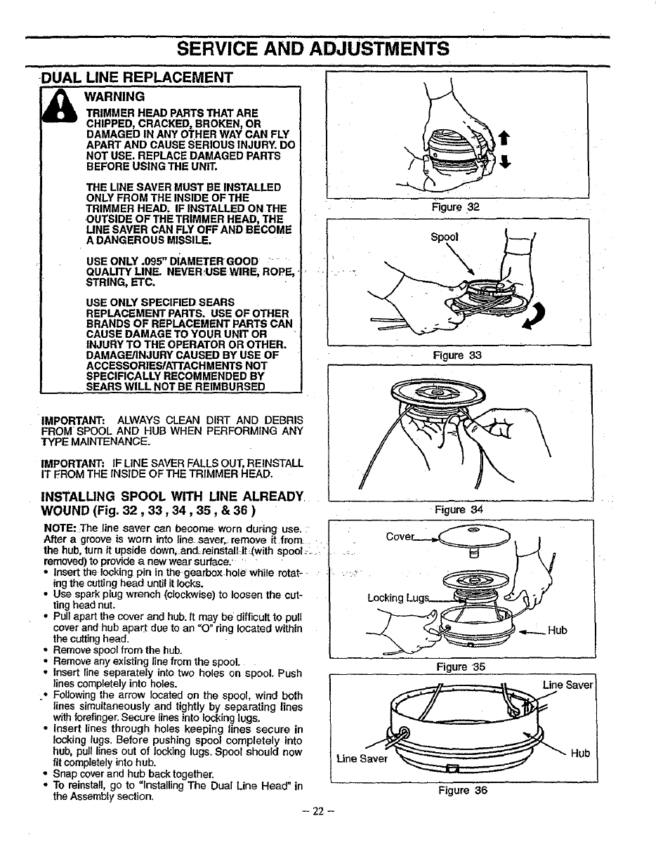 Dual line replacement, Service and adjustments | Sears 358.79828 User Manual | Page 22 / 33