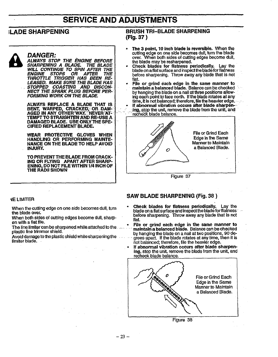 Ilade sharpening, Brush tri-blade sharpening (fig. 37), Saw blade sharpening (fig. 38) | Service and adjustments, Danger | Sears 358.79828 User Manual | Page 23 / 33