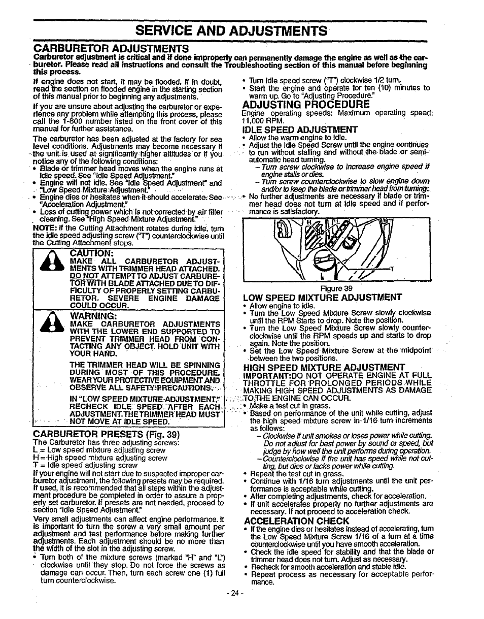 Carburetor presets (fig. 39), Adjusting procedure, Idle speed adjustment | Low speed mixture adjustment, High speed mixture adjustment, Acceleration check, Service and adjustments, Carburetor adjustments | Sears 358.79828 User Manual | Page 24 / 33