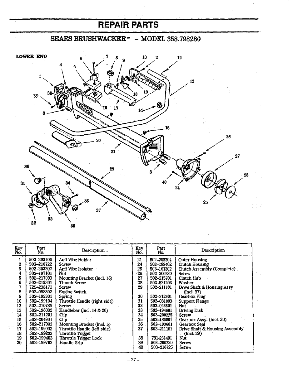 Seaes beushwacker™ - model 368.798280, Repaifi parts | Sears 358.79828 User Manual | Page 27 / 33