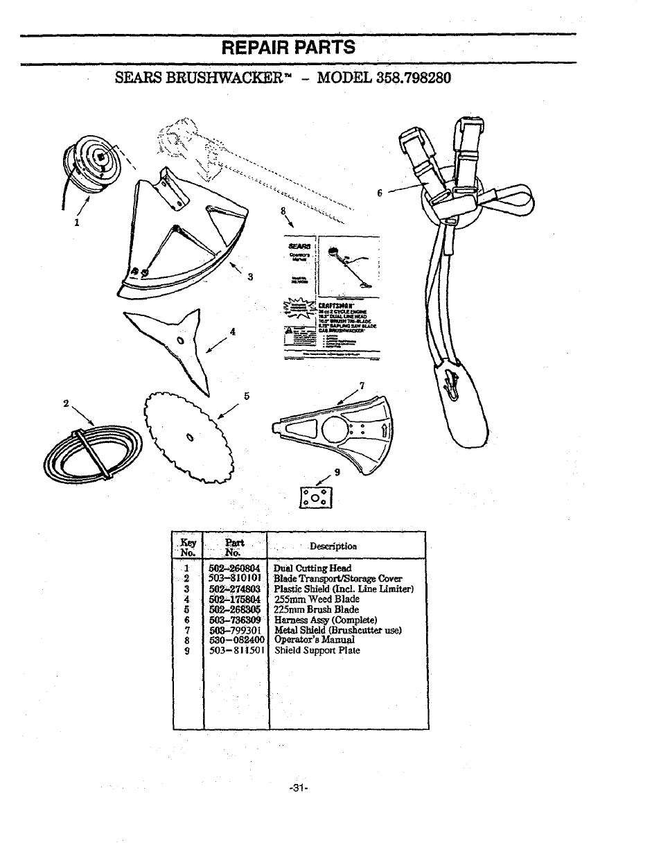 Sears brushwacioer“ - model 358.798280, Repair parts | Sears 358.79828 User Manual | Page 31 / 33
