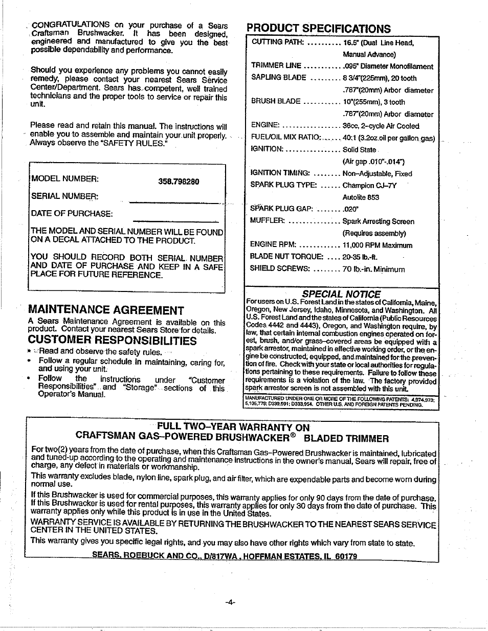 Maintenance agreement, Customer responsibilities, Product specifications | Sears 358.79828 User Manual | Page 4 / 33