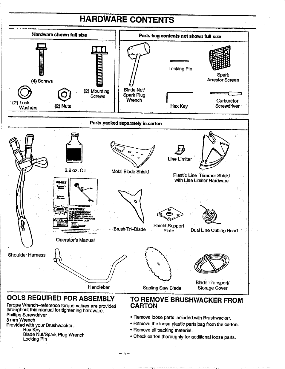 Ools required for assembly, To remove brushwacker from carton, Hardware contents | Sears 358.79828 User Manual | Page 5 / 33