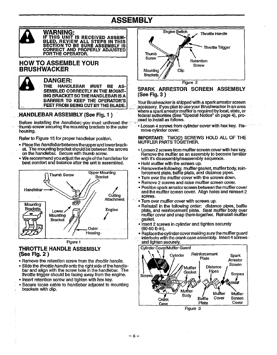 Warning, How to assemble your brushwacker, Handlebar assembly (see fig. 1) | Throttle handle assembly (see fig. 2 ), See flg.3), Asseiwbly, Danger | Sears 358.79828 User Manual | Page 6 / 33