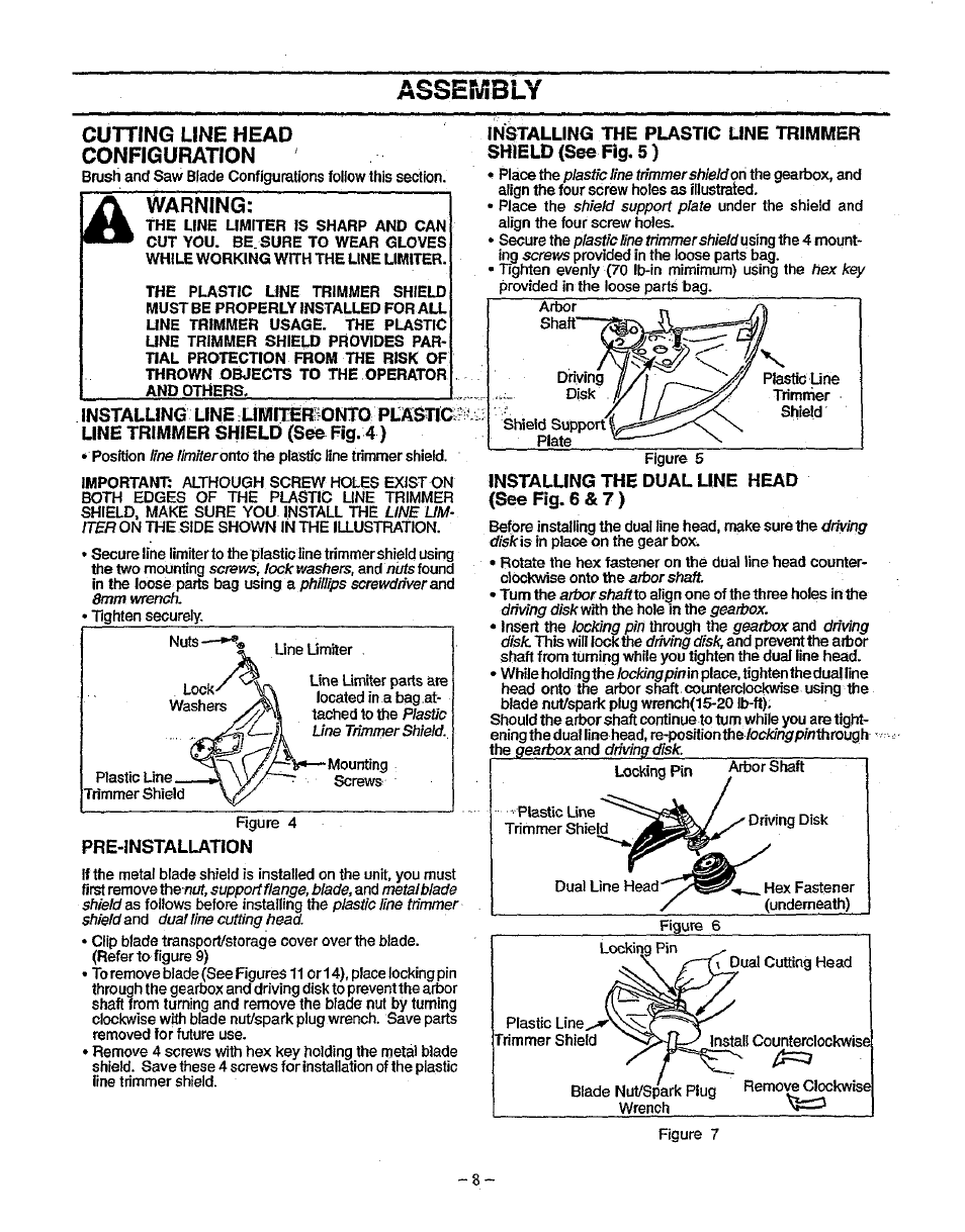 Cutting line head configuration, Pre-installation, Installing the dual une head (see fig. 6 & 7 | Asser^/ibly, Warning | Sears 358.79828 User Manual | Page 8 / 33