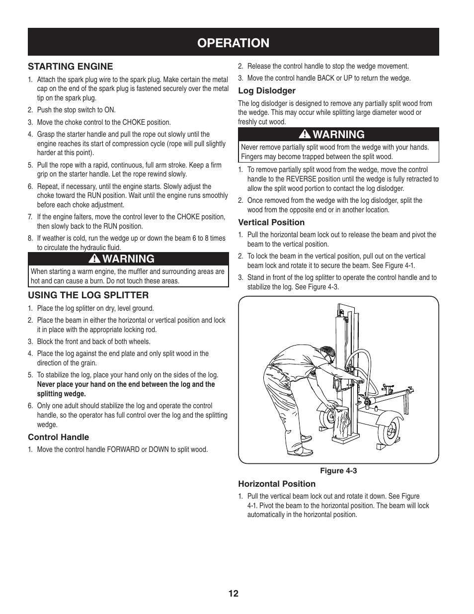Operation, Warning | Sears Craftsman 247.7764 User Manual | Page 12 / 60
