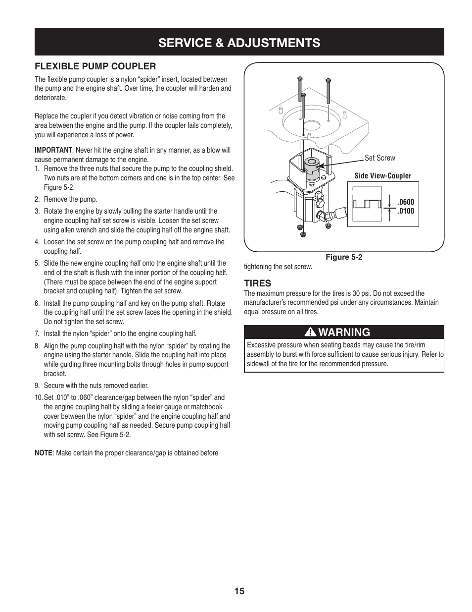 Service & adjustments, Warning | Sears Craftsman 247.7764 User Manual | Page 15 / 60