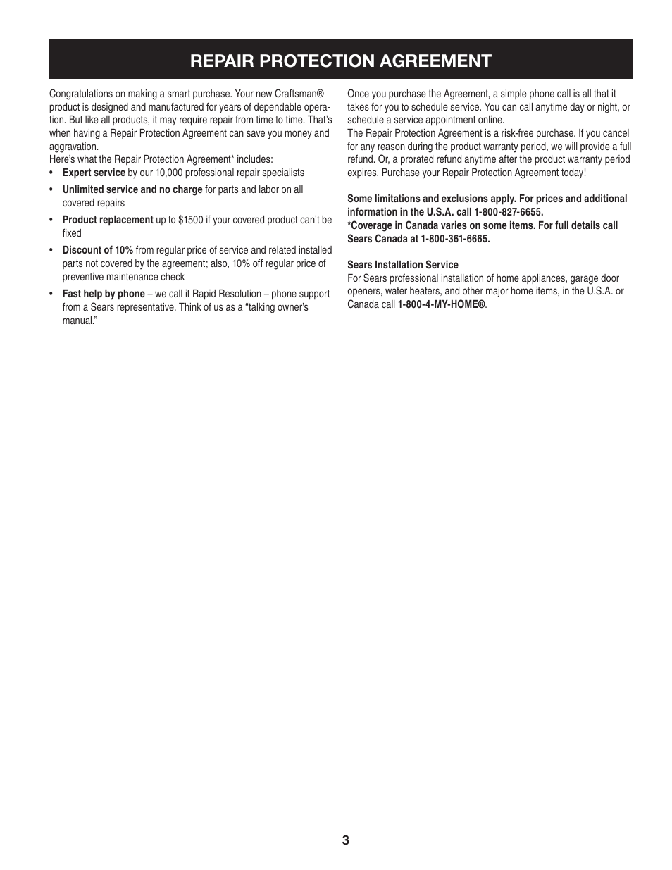 Repair protection agreement | Sears Craftsman 247.7764 User Manual | Page 3 / 60