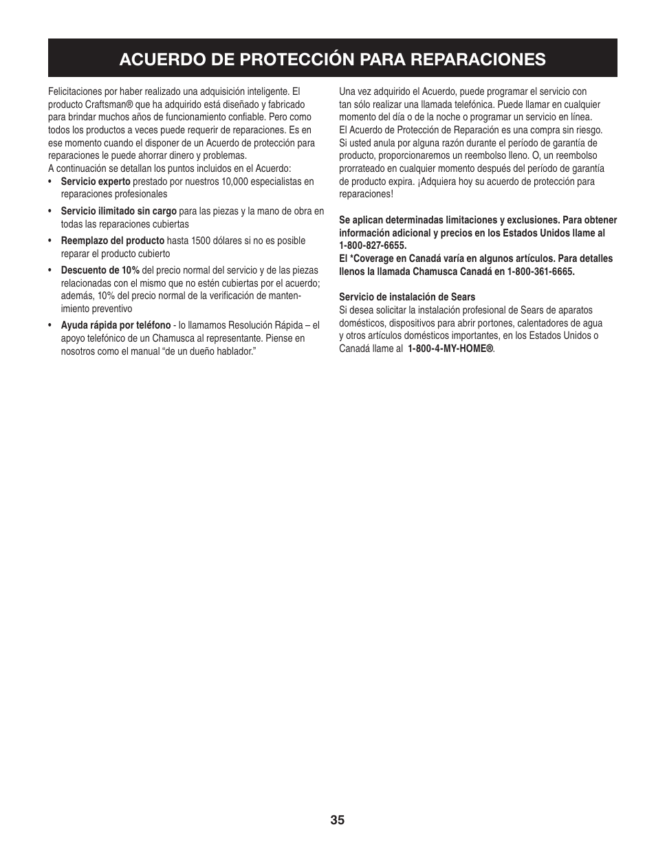 Acuerdo de protección para reparaciones | Sears Craftsman 247.7764 User Manual | Page 35 / 60