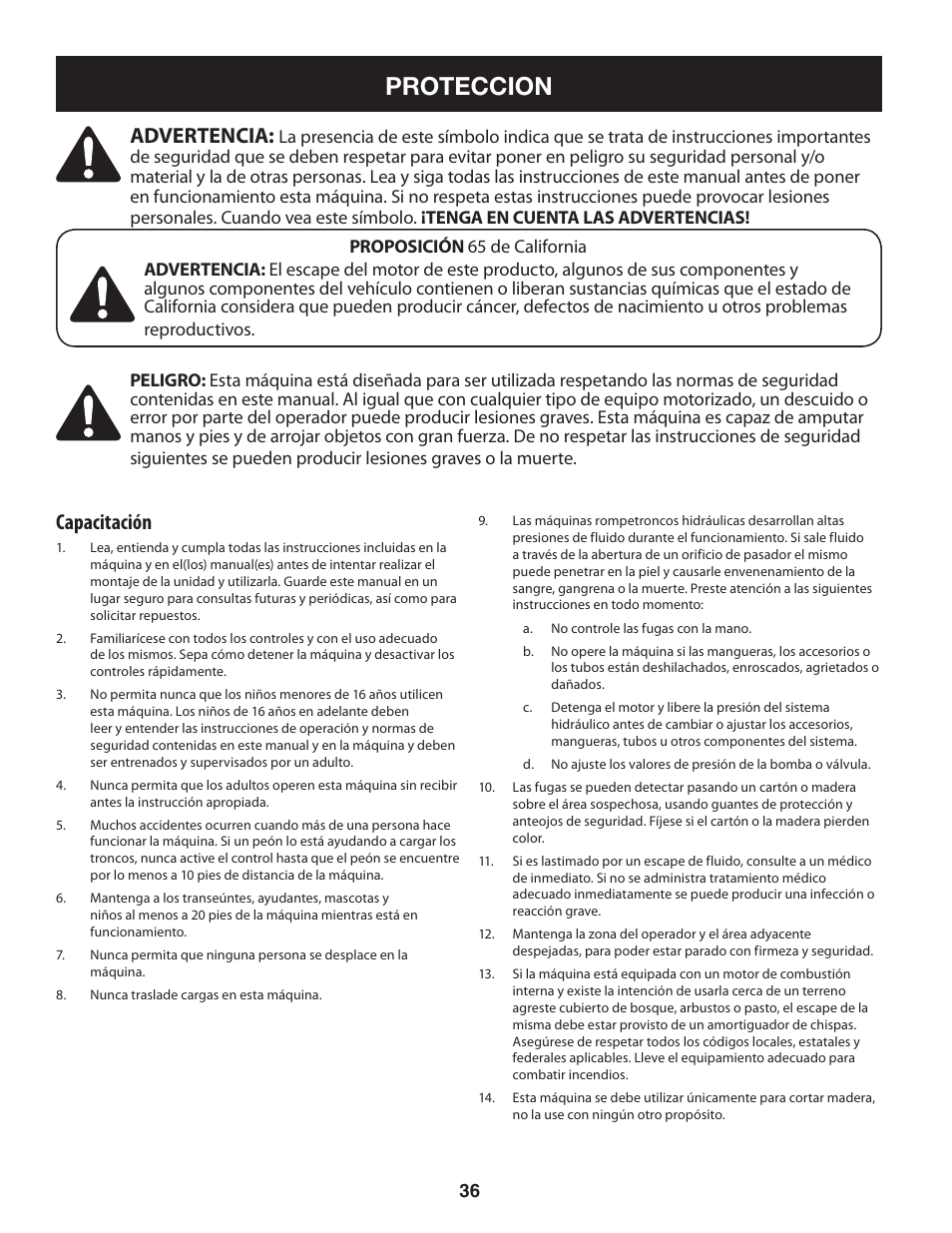 Proteccion, Advertencia, Capacitación | Sears Craftsman 247.7764 User Manual | Page 36 / 60