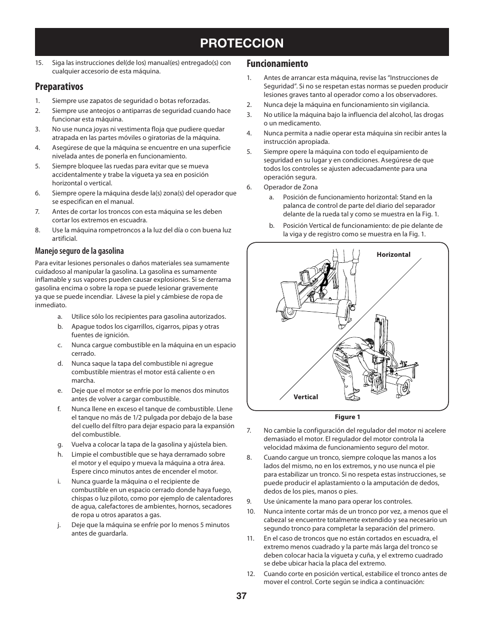 Proteccion, Preparativos, Funcionamiento | Manejo seguro de la gasolina | Sears Craftsman 247.7764 User Manual | Page 37 / 60