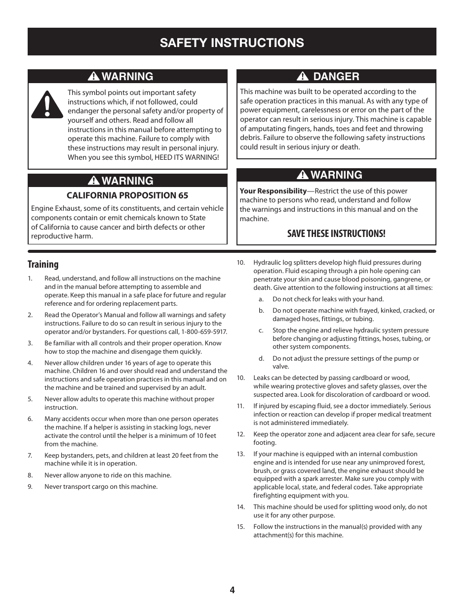 Safety instructions, Training, Warning | Danger, Save these instructions | Sears Craftsman 247.7764 User Manual | Page 4 / 60