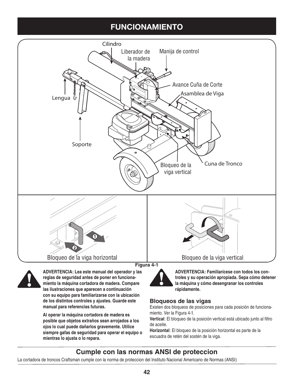 Funcionamiento, Cumple con las normas ansi de proteccion | Sears Craftsman 247.7764 User Manual | Page 42 / 60