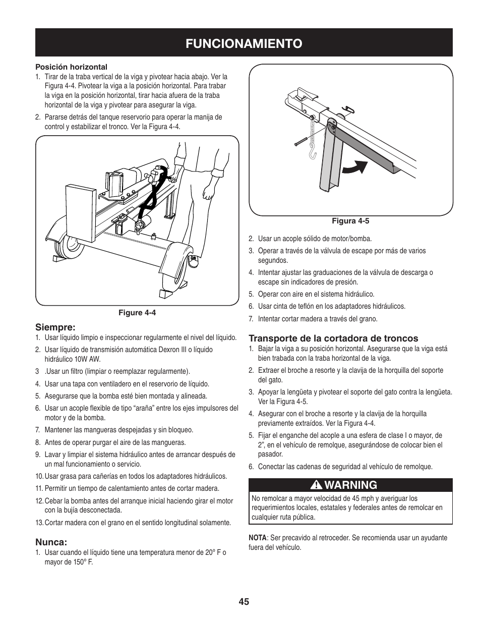 Funcionamiento, Warning | Sears Craftsman 247.7764 User Manual | Page 45 / 60