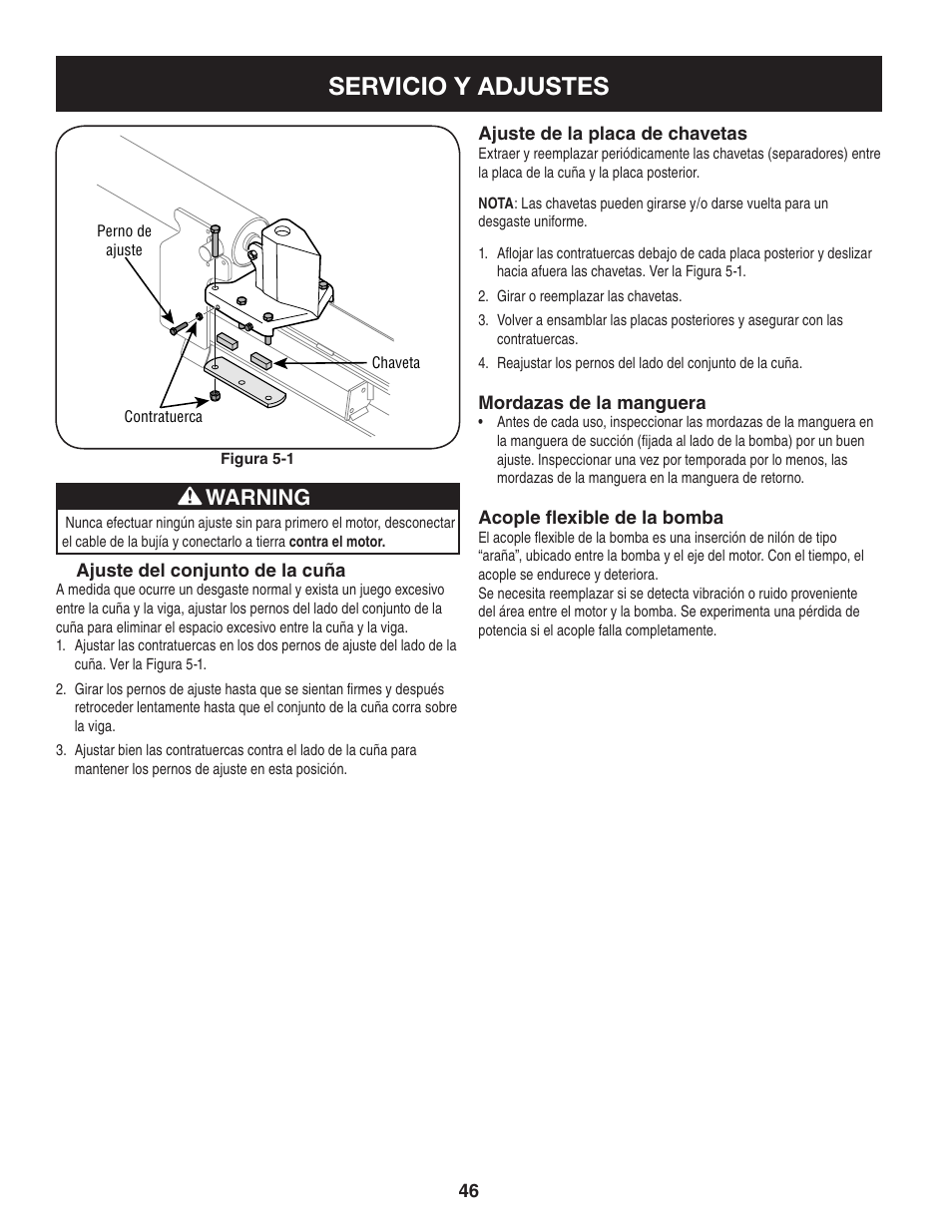 Servicio y adjustes, Warning | Sears Craftsman 247.7764 User Manual | Page 46 / 60
