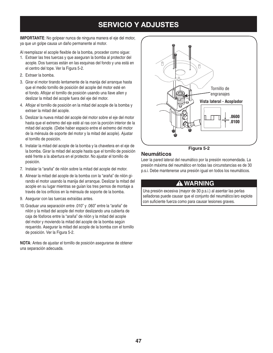 Servicio y adjustes, Warning | Sears Craftsman 247.7764 User Manual | Page 47 / 60